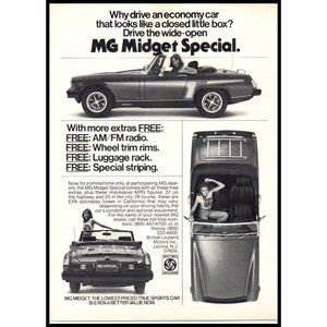 1976 MG Midget Special Convertible Roadster Vintage Print Ad Brunette Wall Art